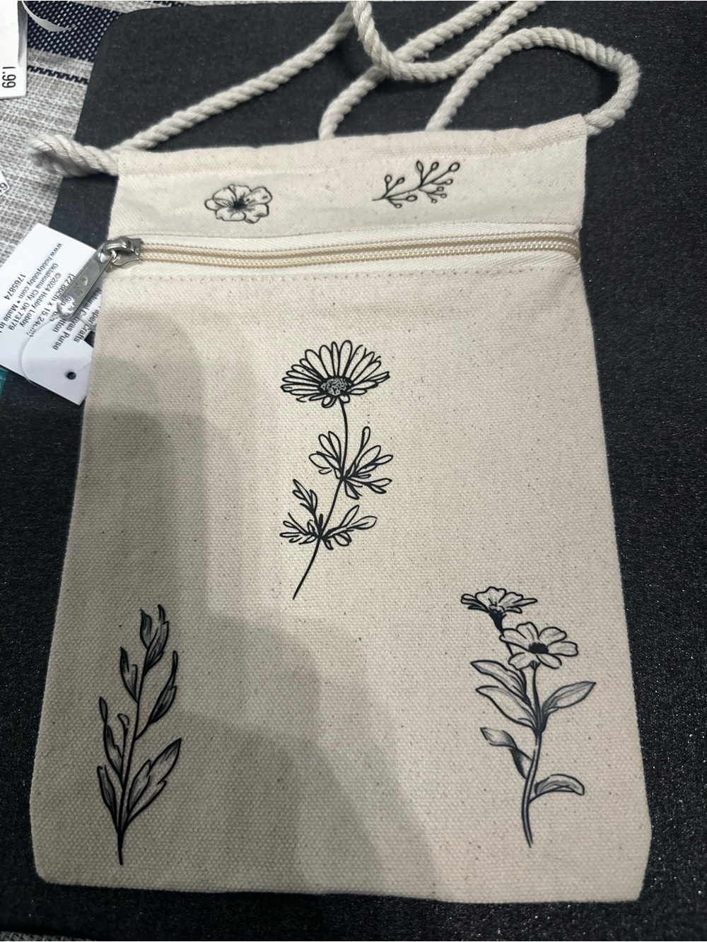 Canvas Crossbody Bag with Floral Print - Cream